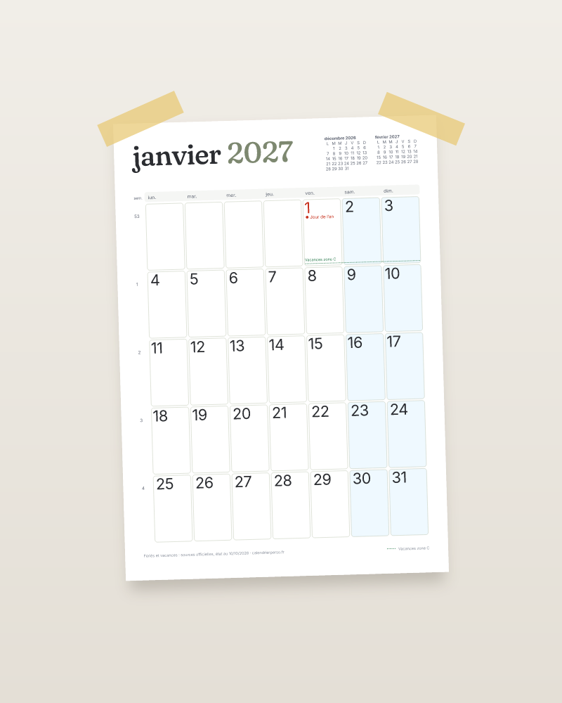 Affiche calendrier : aperçu d’un calendrier de janvier 2027 réalisé avec le générateur