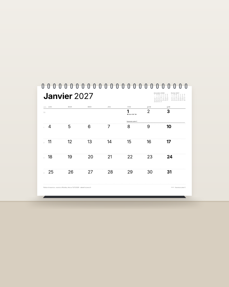 Calendrier de bureau : aperçu d’un calendrier de janvier 2027 réalisé avec le générateur